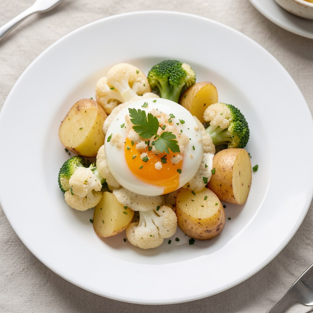 Jajko sadzone, młode ziemniaki i kalafior