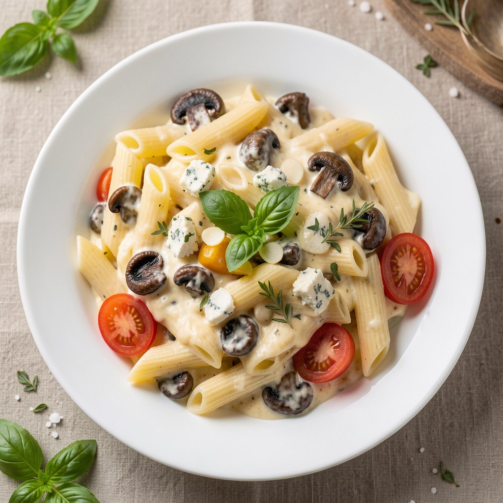 Penne z sosie śmietanowym z pieczarkami i serem Gorgonzola