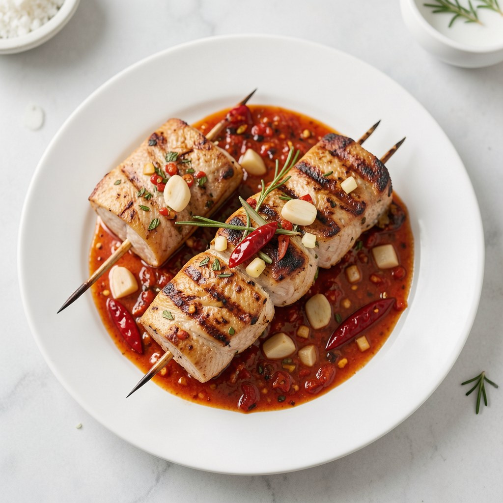 Szaszłyk z ryby z ostrym sosem