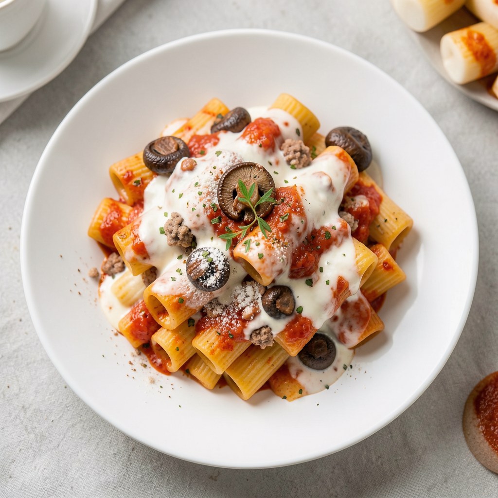 makaron nadziewany mięsem mielonym z pieczarkami