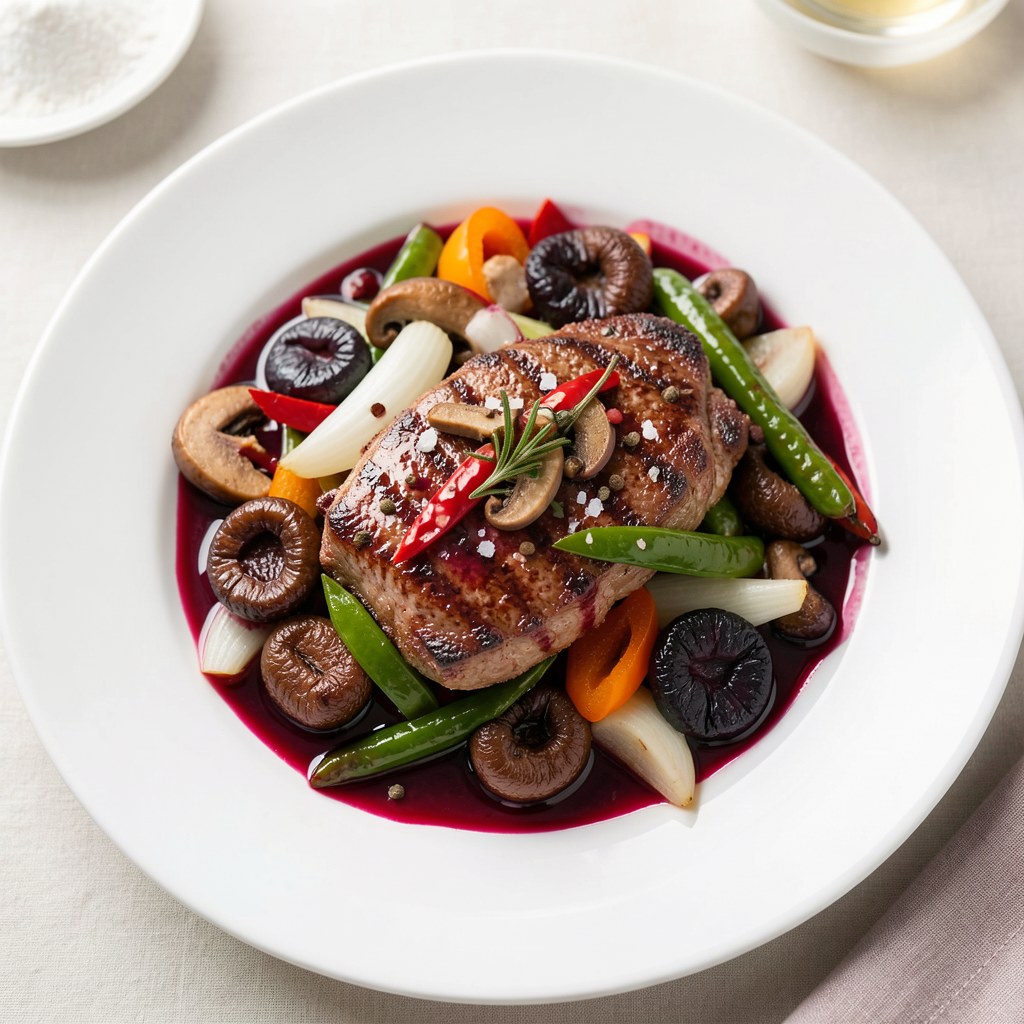 Schab duszony w czerwonym winie z warzywami