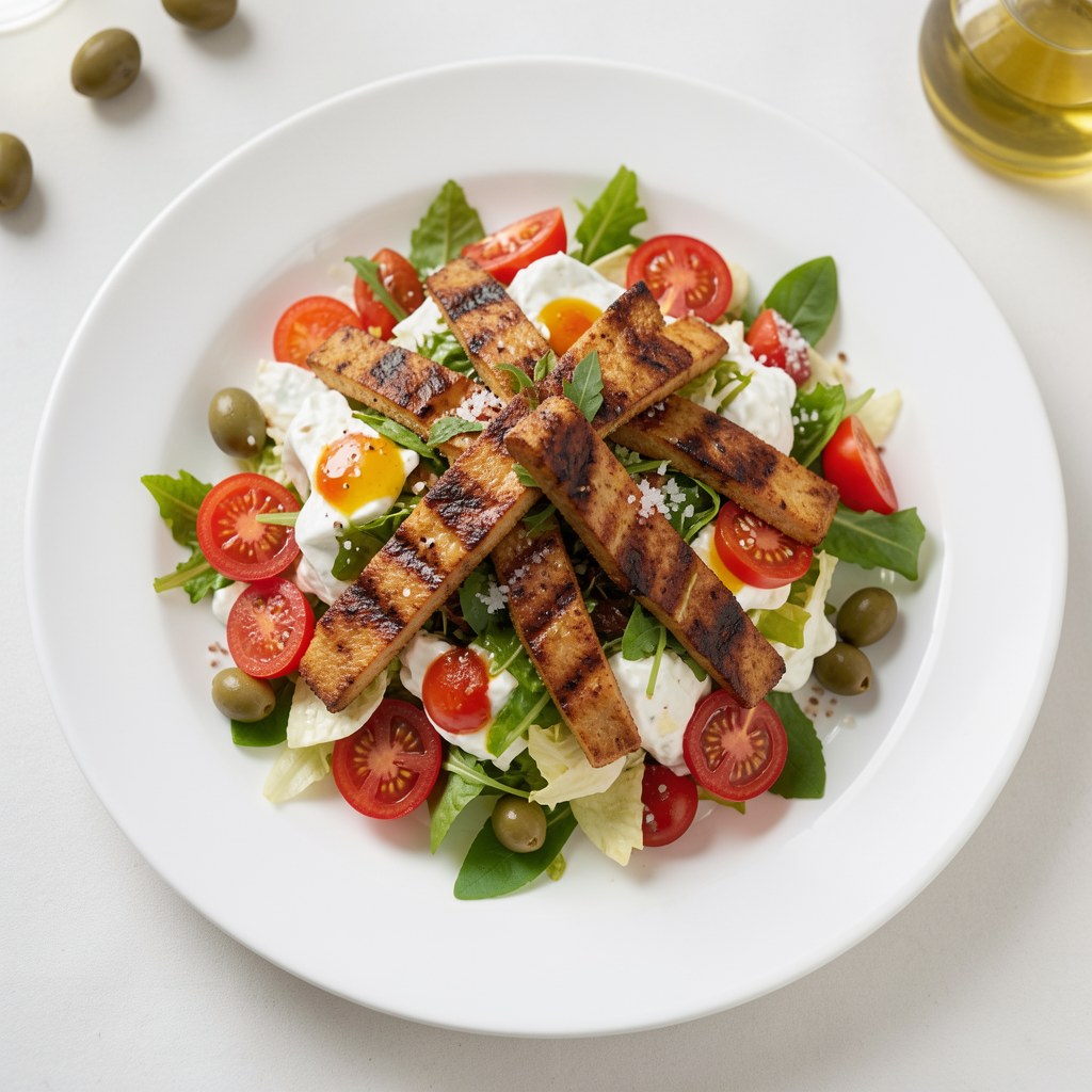 Przegrzebki z grilla z sałatą lodową i pomidorami polane sosem