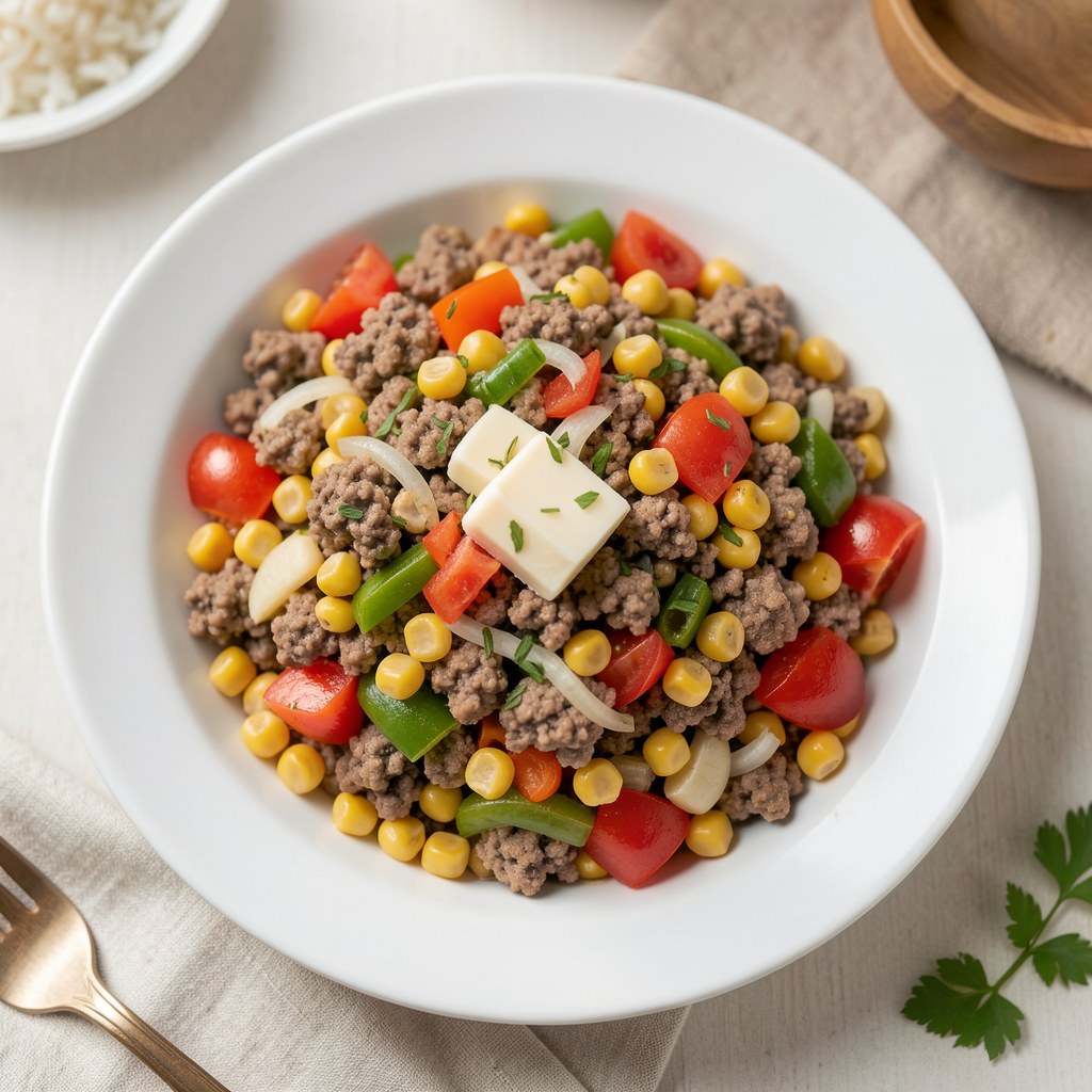 Duszone mięso mielone z kukurydzą
