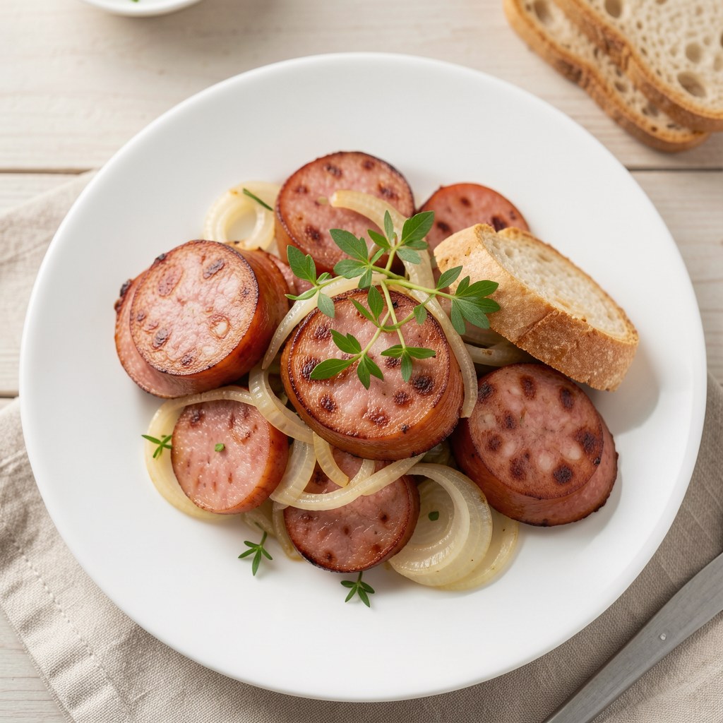 Kiełbasa smażona z boczkiem i cebulą