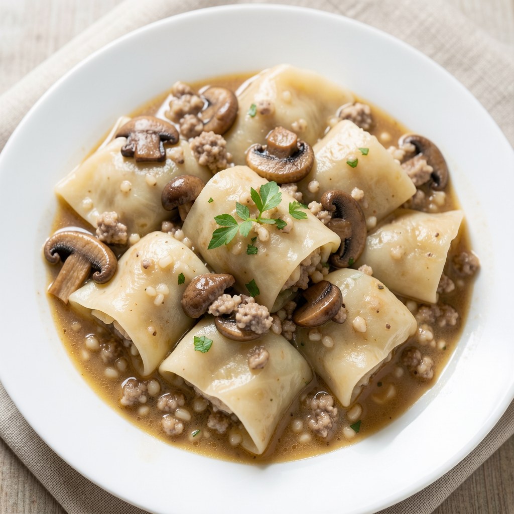 Gołąbki drobiowe w sosie pieczarkowym z kaszą jęczmienną