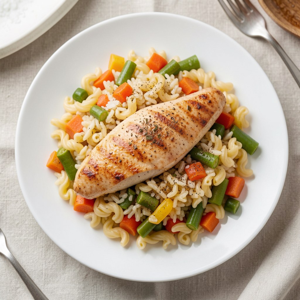 Pierś gotowana z makaronem ryżowym i warzywami