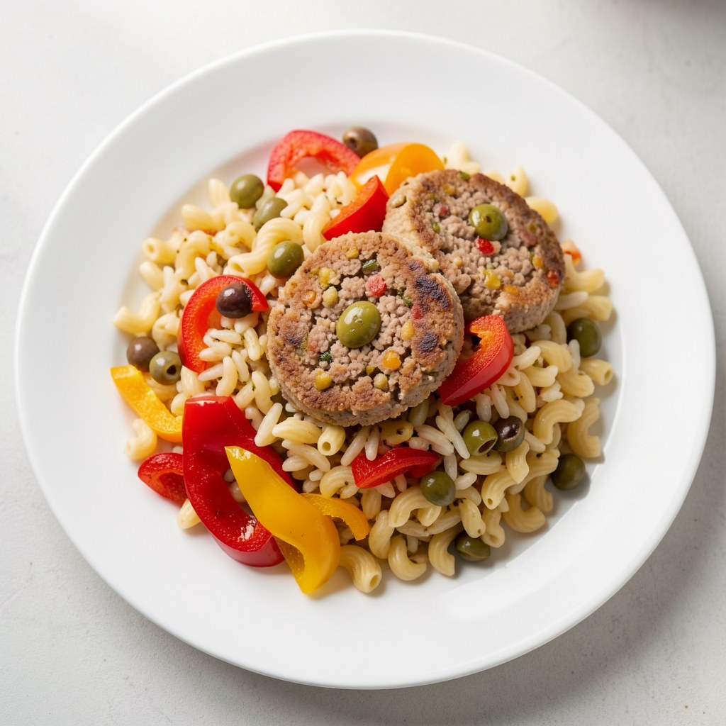 Mielone z oliwkami i makaronem ryżowym i papryką