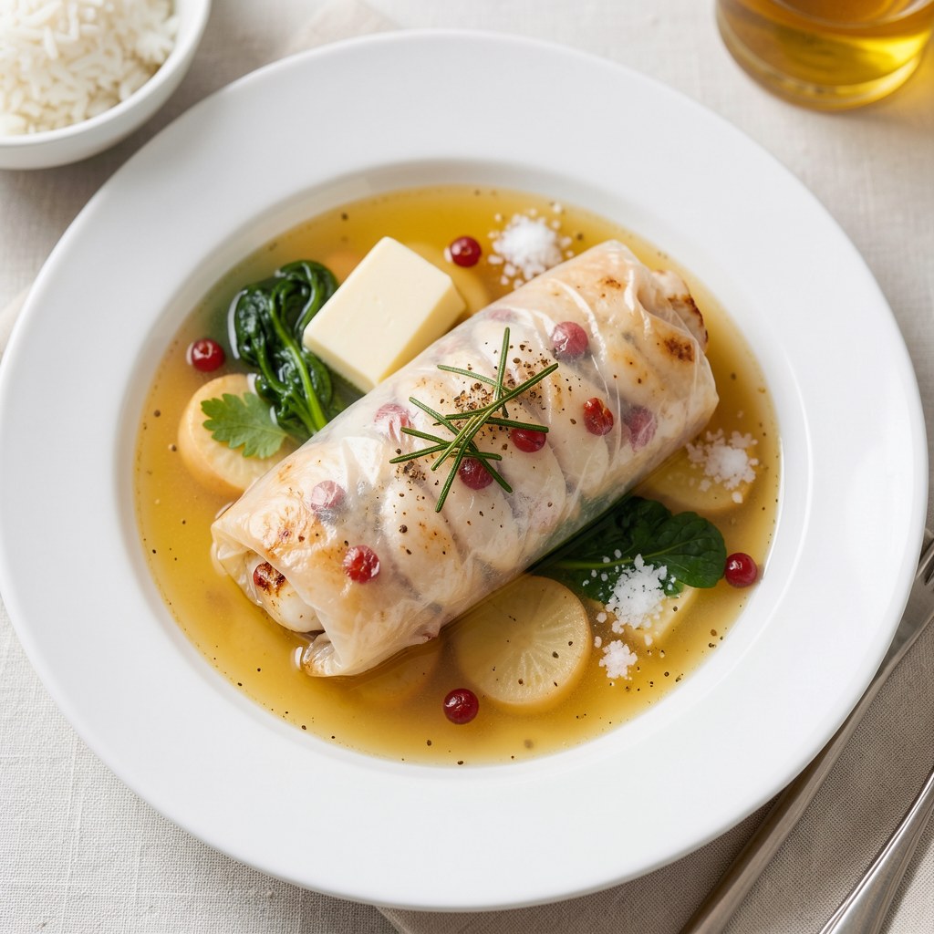 Ryba pieczona w folii z koprem włoskim i rodzynkami