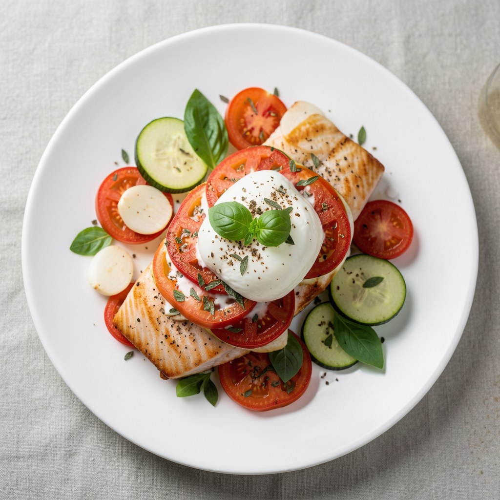 Łosoś zapiekany z cukinią, pomidorami i mozarellą