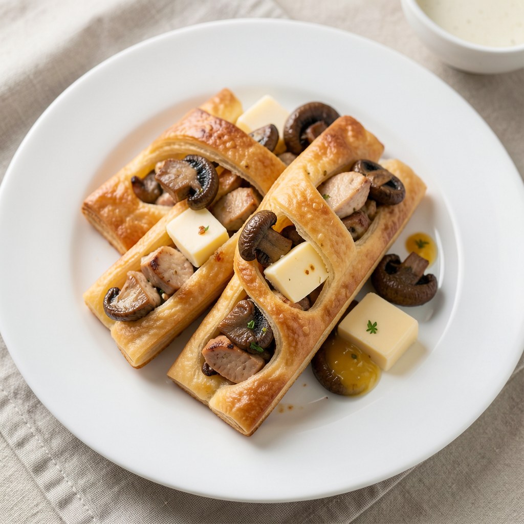 Grzebyki z ciasta francuskiego z móżdżkiem i pieczarkami