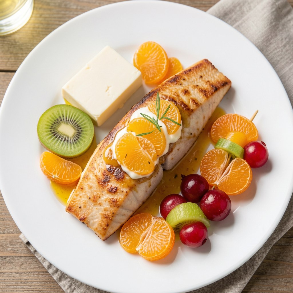 Łosoś smażony na maśle z szaszłykiem owocowym