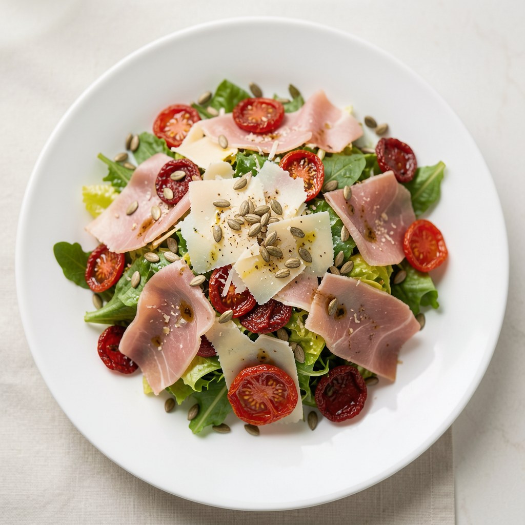 Sałatka z szynką parmeńską, suszonymi pomidorami i parmezanem