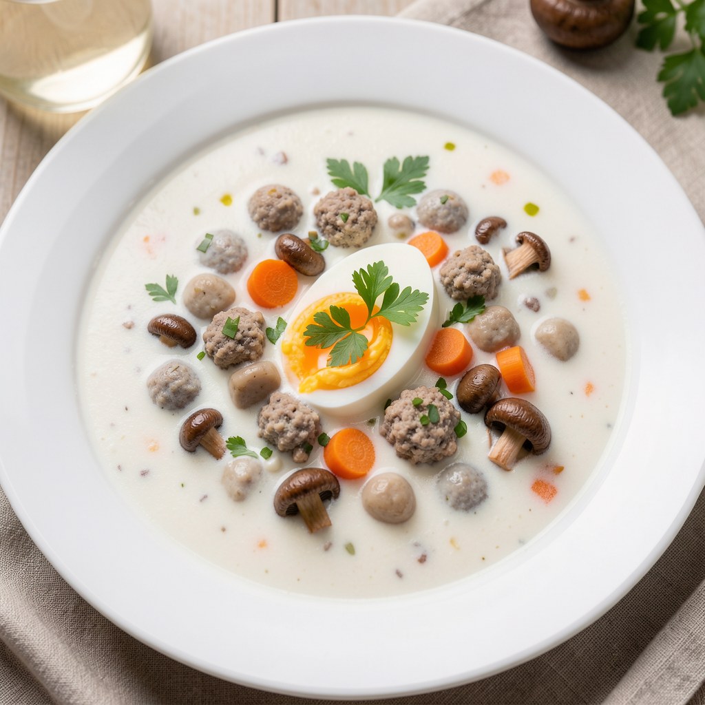 Barszcz biały z pieczarkami i pułpecikami