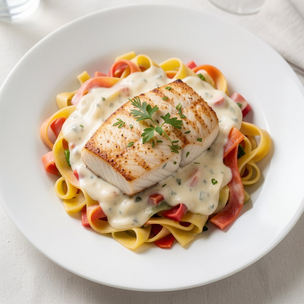 Halibut z kolorowym Tagliatelle i sosem serowym