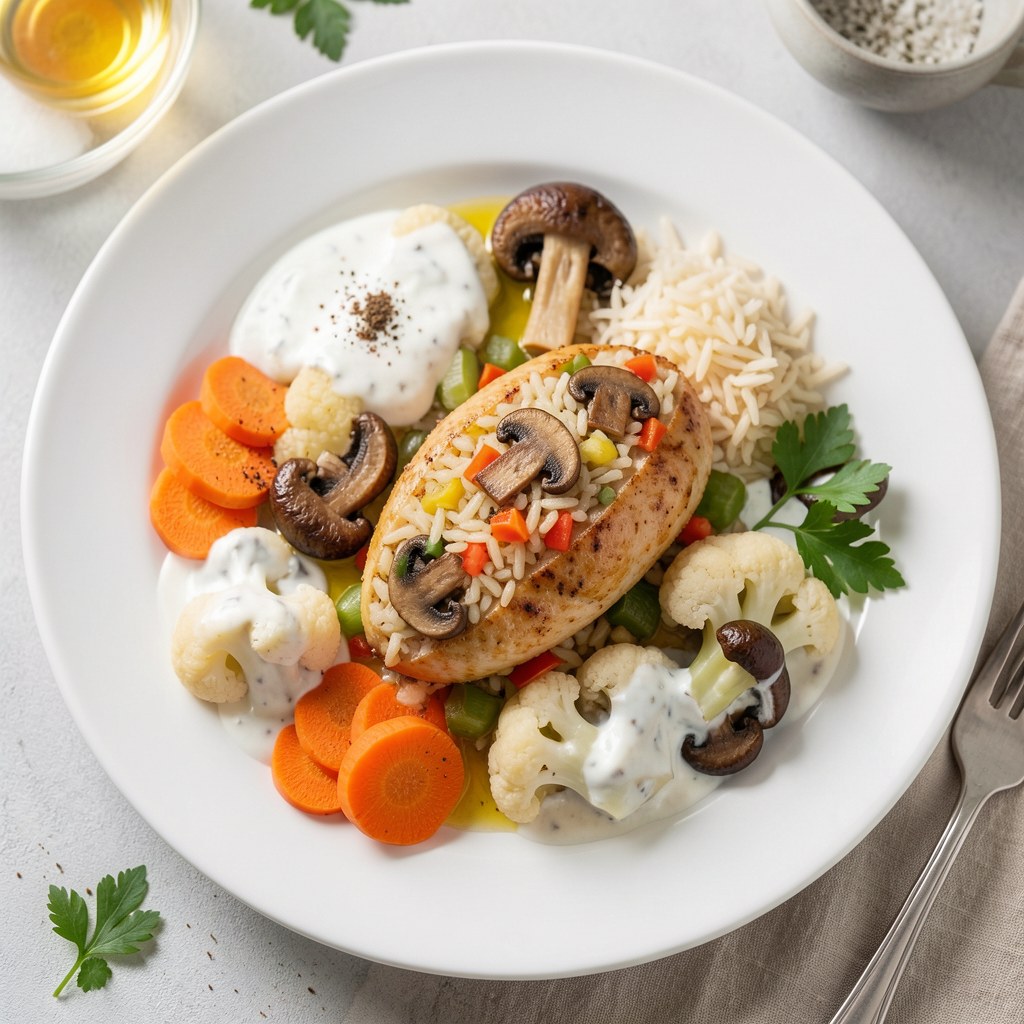 Pierś faszerowana ryżem i kalafior z greckim sosem