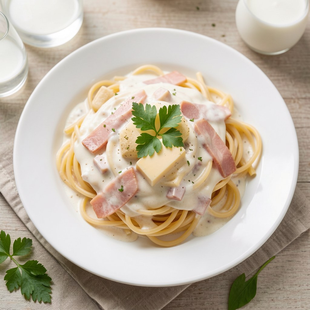 Spagetti z szynką i serem