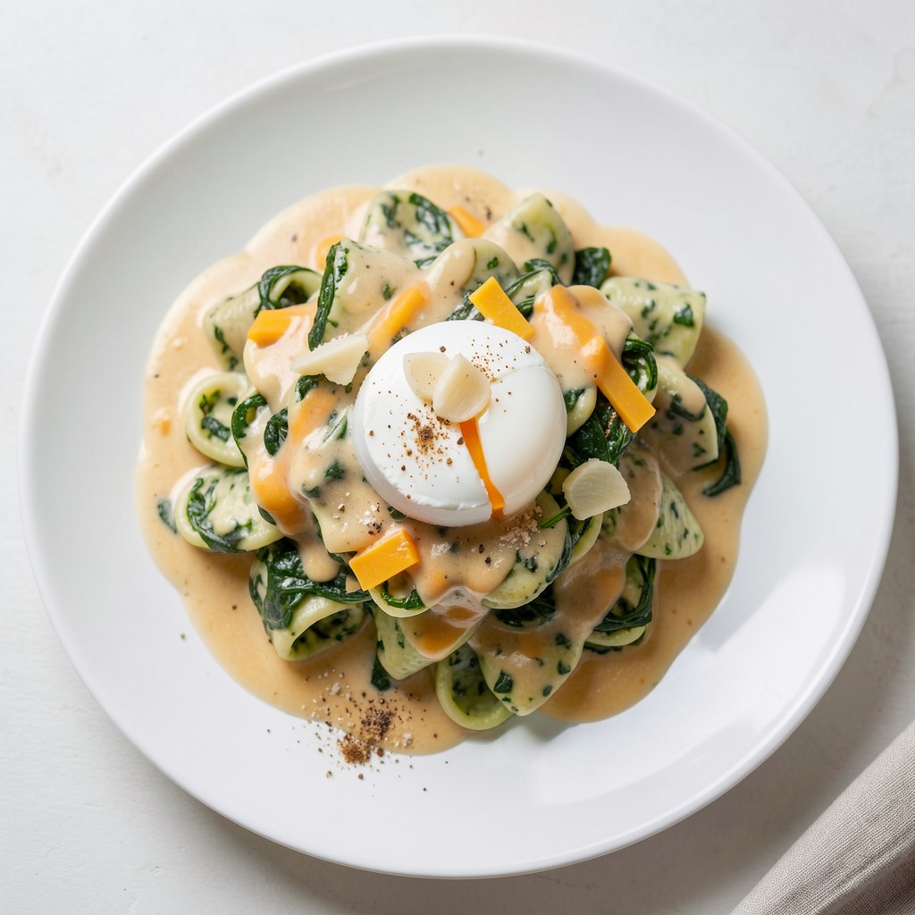 Kluski szpinakowo-twarożkowe z sosem trójserowym