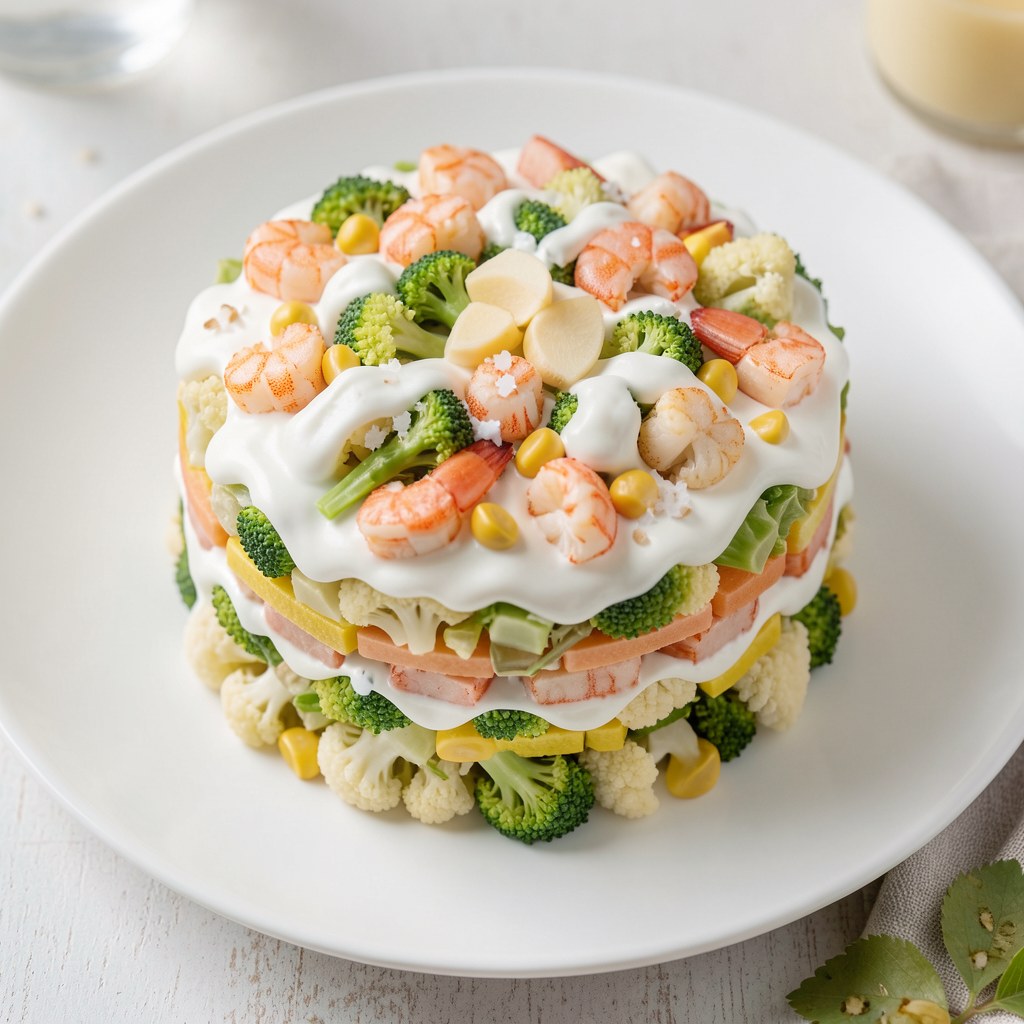 Sałatka warstwowa z brokułem, kalafiorem