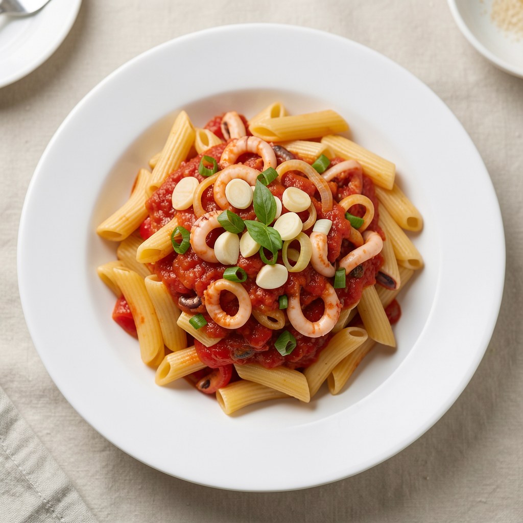 Kalmary w sosie czosnkowym z makaronem penne