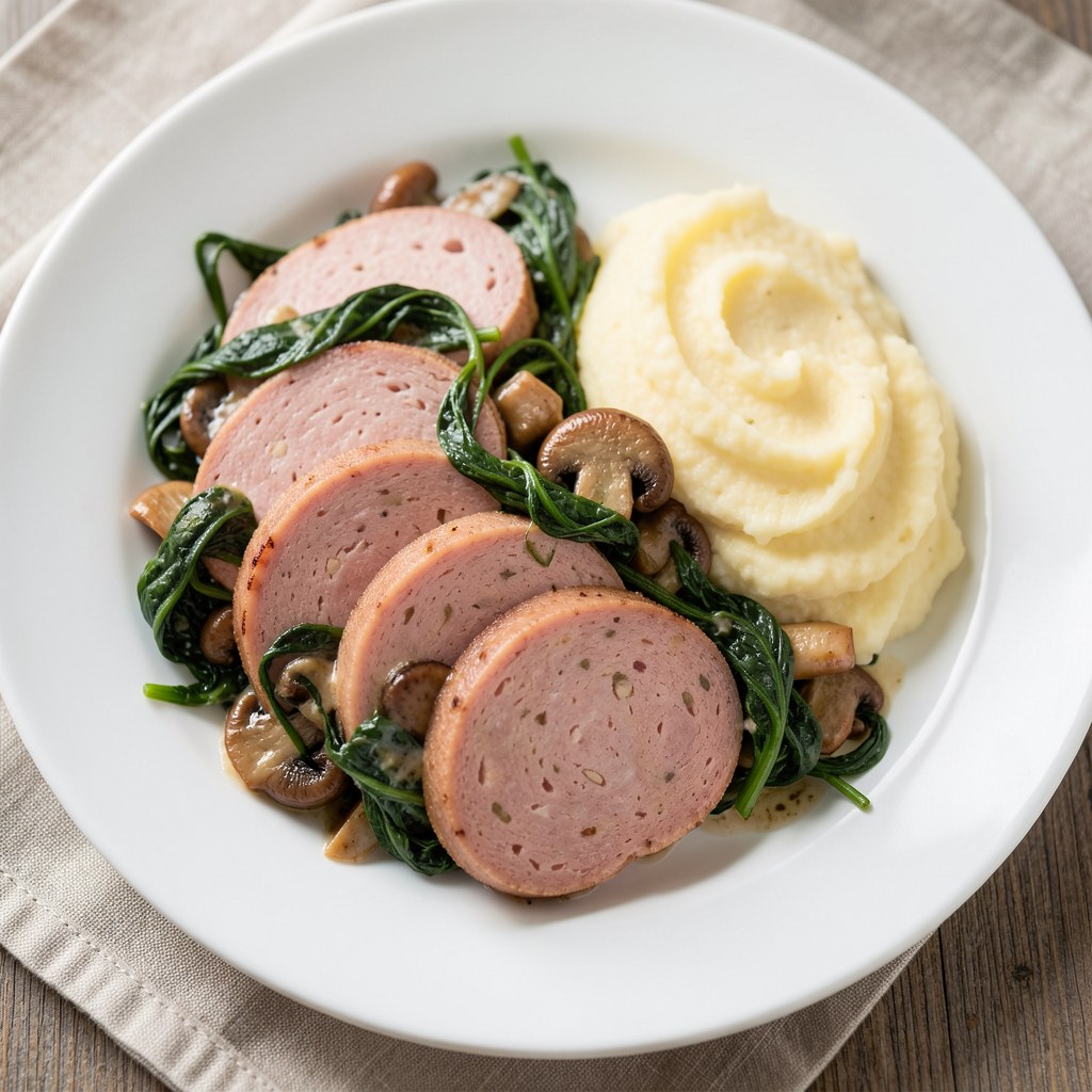 Mortadela z pieczarkami i szpinakiem