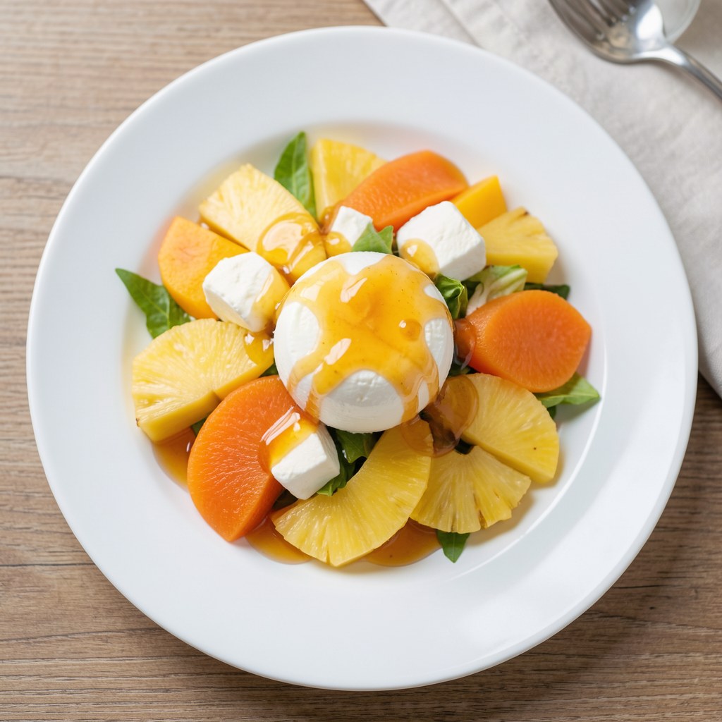 Biały ser z sałatką owocową i limonkowo - miodowym dressingiem