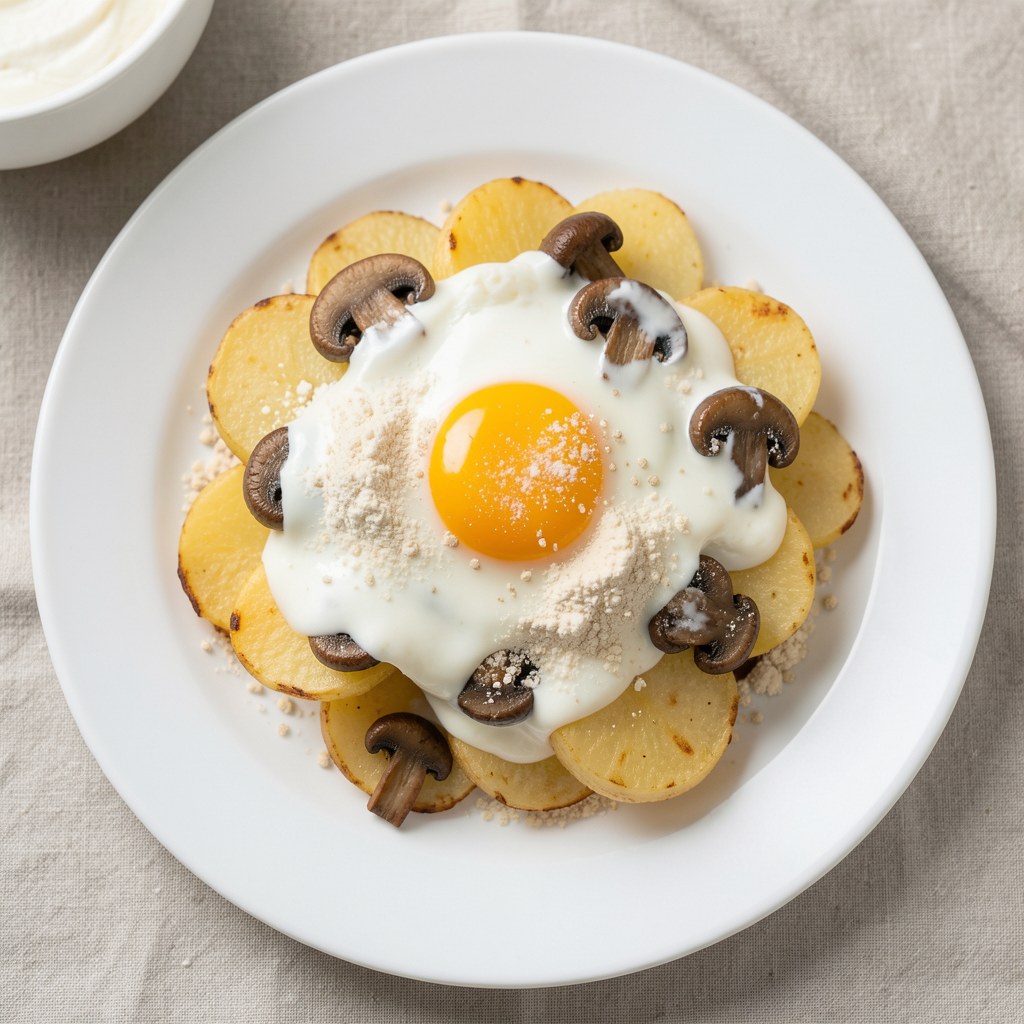 Ziemniaki zapiekane z jajami i pieczarkami