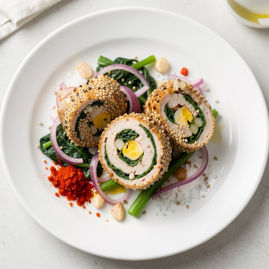 Kurczak w sezamie ze szpinakiem