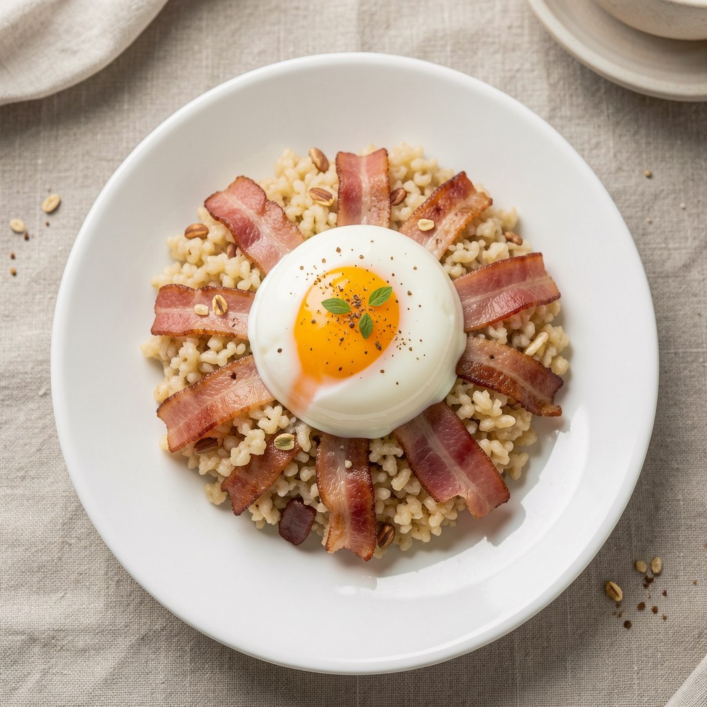 Jajko sadzone z boczkiem na kaszy gryczanej