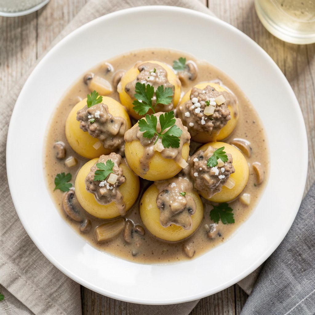 Ziemniaki faszerowane mięsem w sosie grzybowym