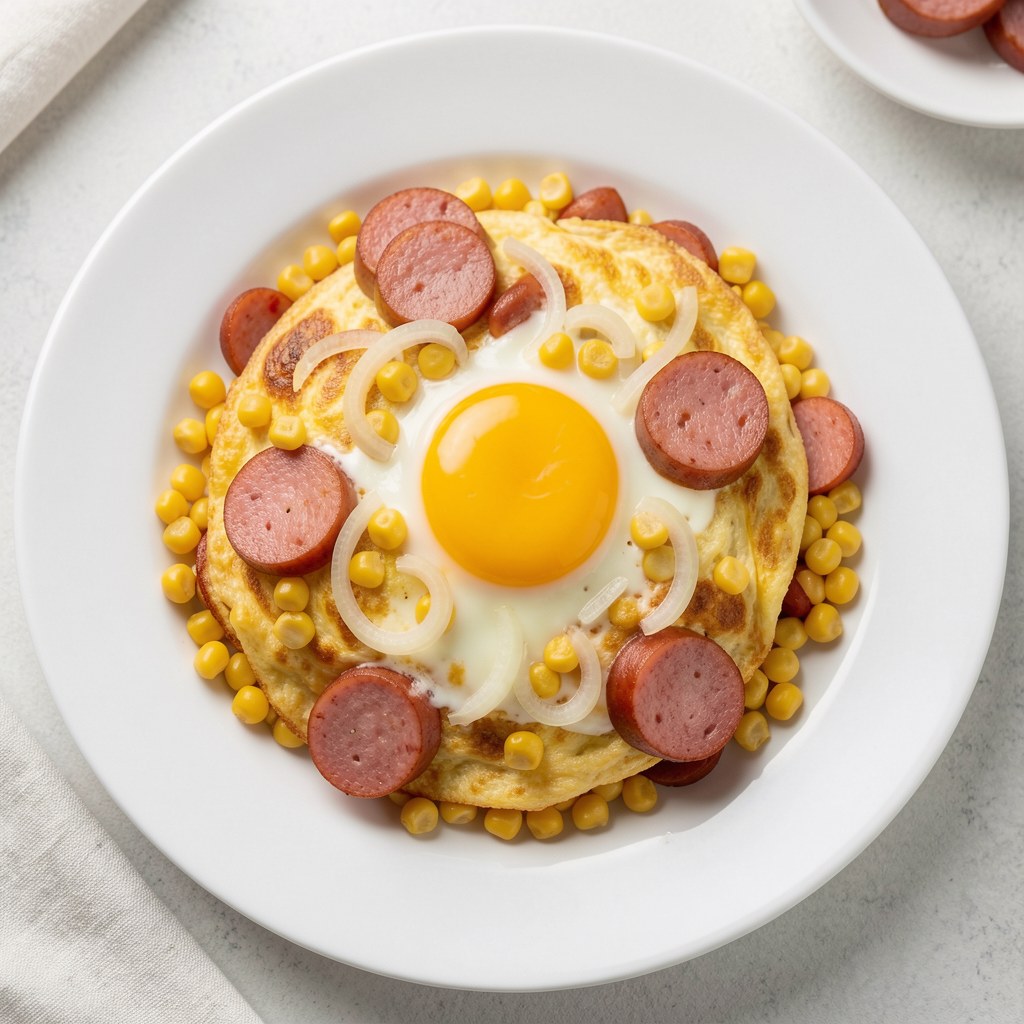 Omlet z kiełbasą, kukurydzą i serem