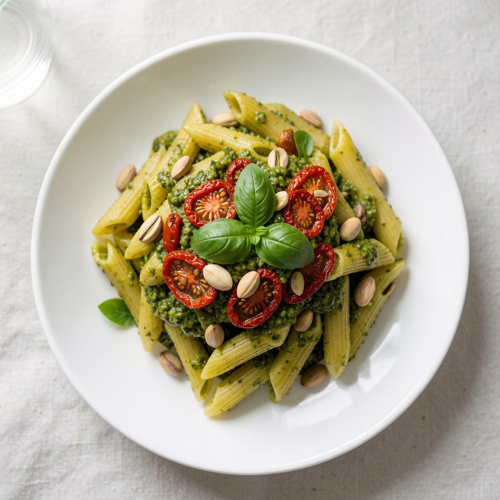 Penne razowe z bazyliowym pesto, suszonymi pomidorami i pistacjami