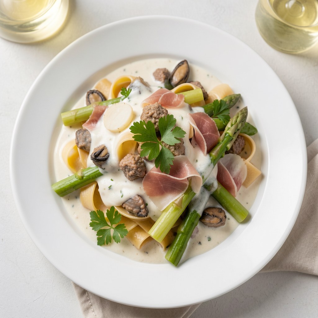 Tagliatelle z mięsem małż i szynką parmeńską