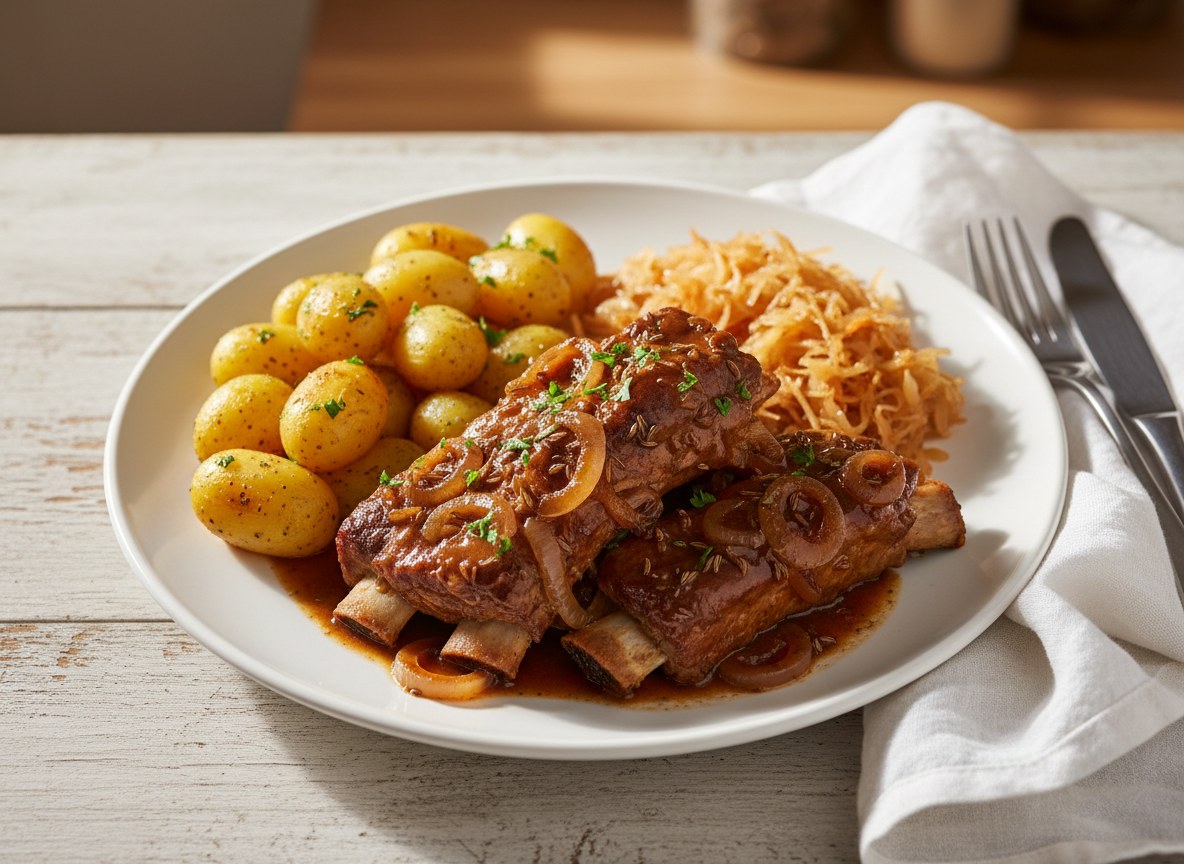 Żeberka duszone z cebulą