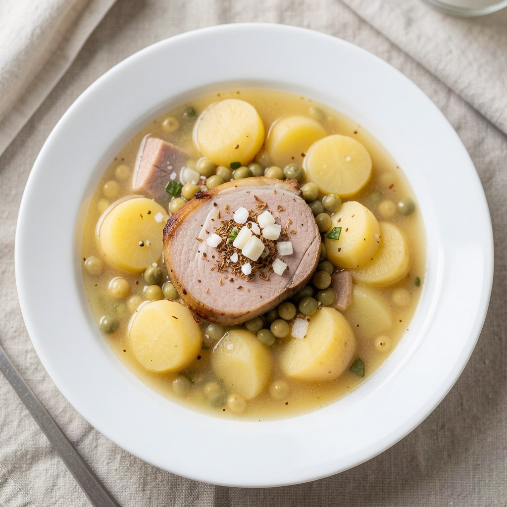 Grochówka z ziemniakami i wędzonym boczkiem