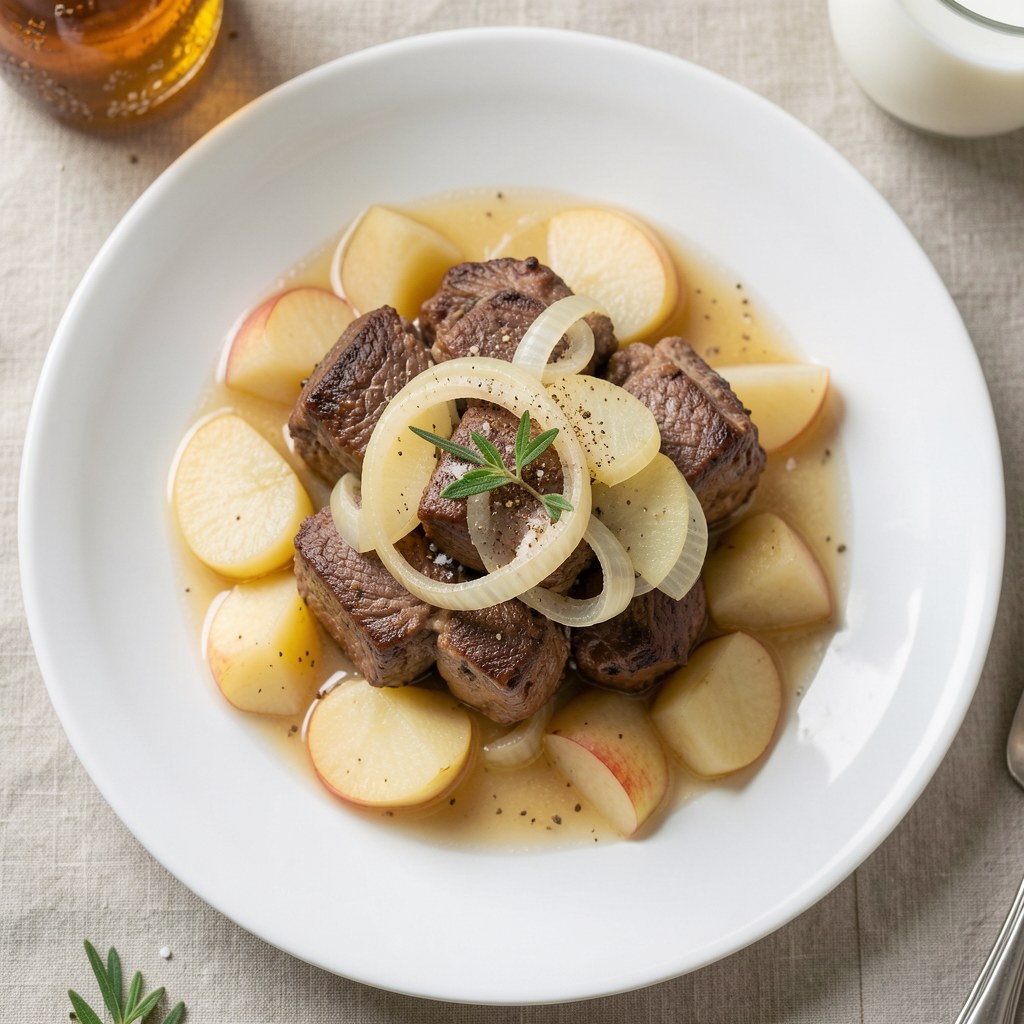 Wątróbka duszona z cebulą, jabłkami i calvadosem