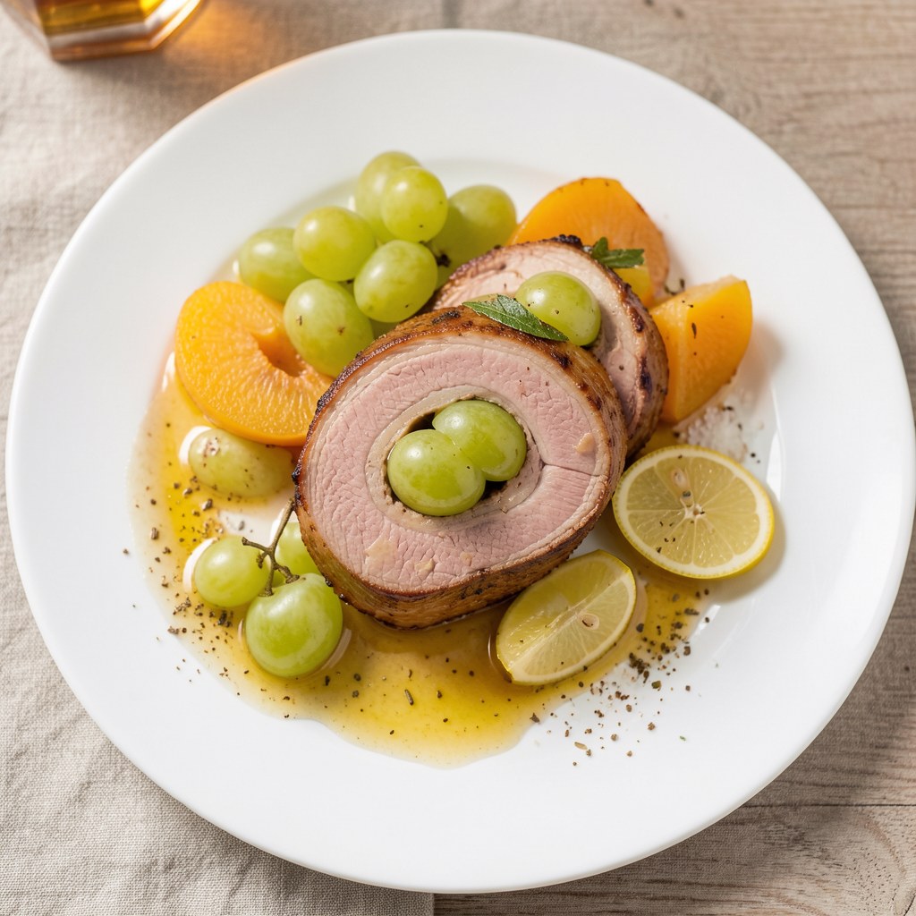 Cielęcina z brzoskwiniami i winogronami