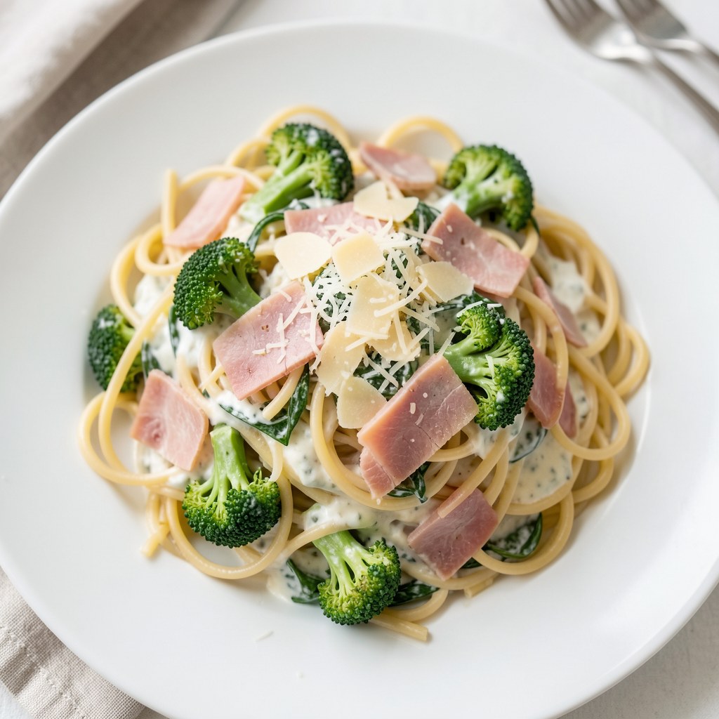 Spaghetti z brokułami, szpinakiem i szynką