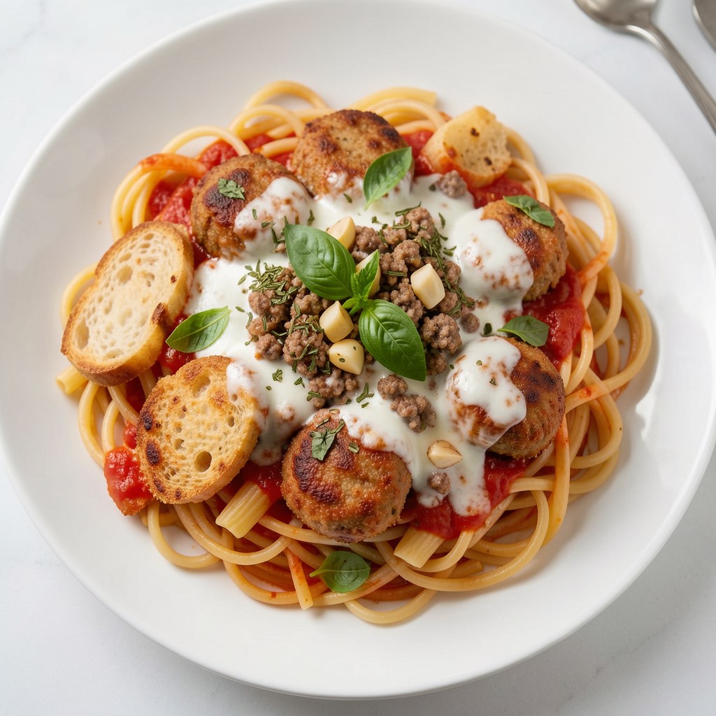 Spaghetti zapiekane z kotlecikami