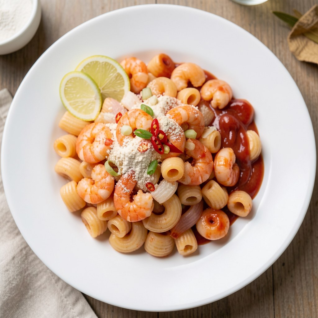 Makaron i krewetki na różowo