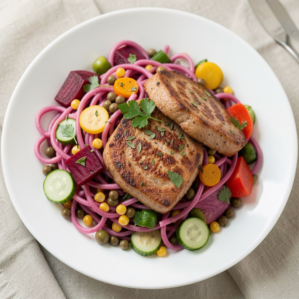 różowy makaron ze smażonymi warzywami i schabem