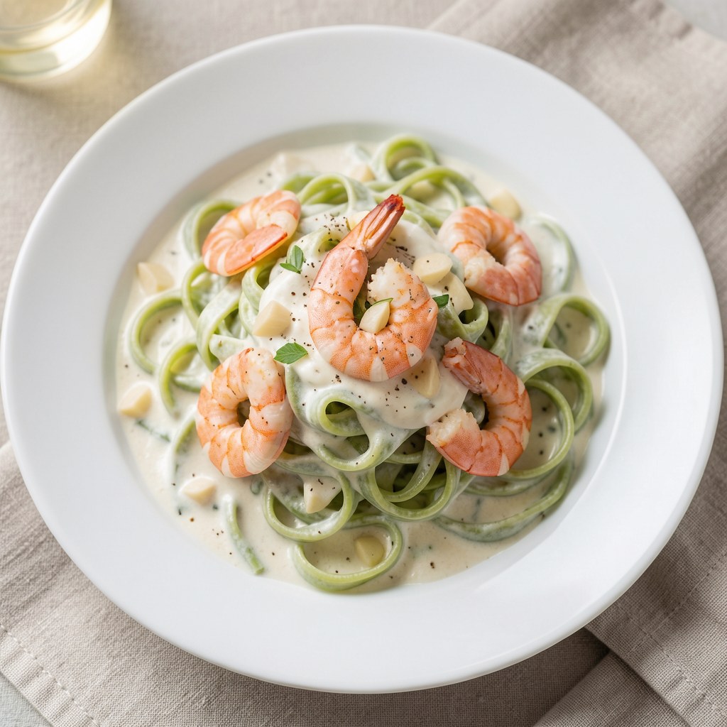 Zielone tagliatelle z krewetkami