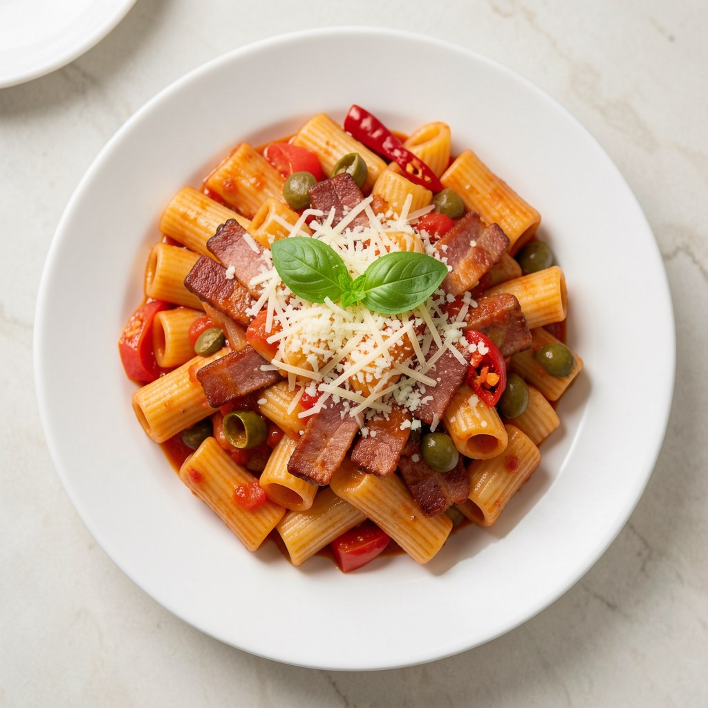 Rigatoni w sosie z bekonu i pomidorów