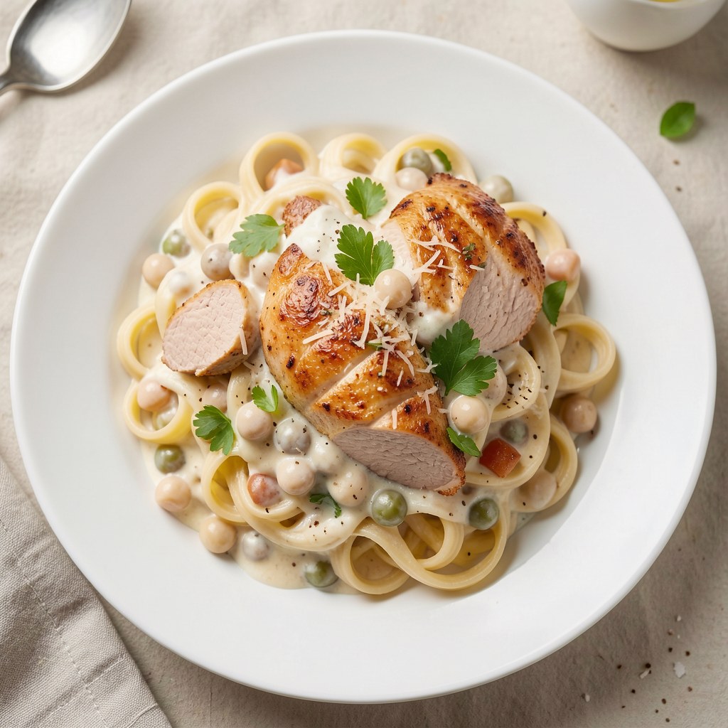 Makaron z bobem i kurczakiem