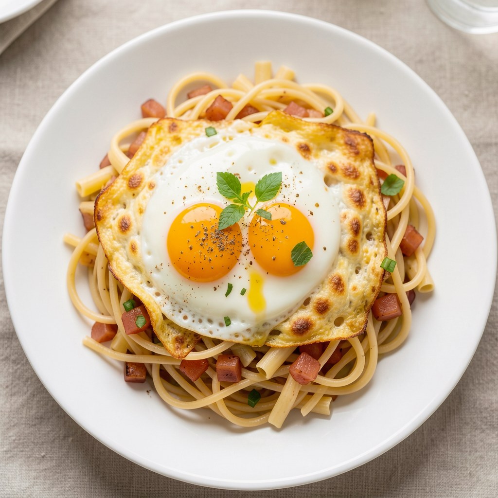 Jajecznica z makaronem spagetti.