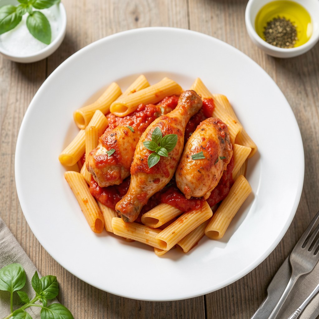 Makaron z kurczakiem w sosie pomodorowym