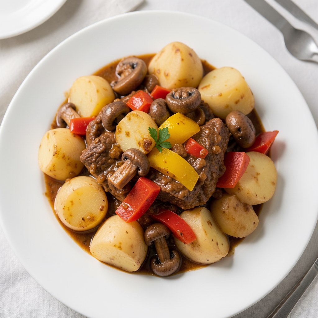 Gulasz wołowy z pieczarkami, papryką i ziemniakami