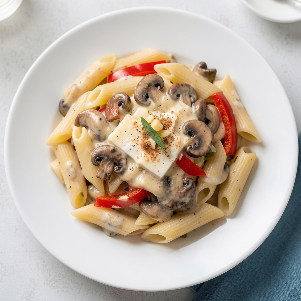 Penne z sosem serowo pieczarkowym