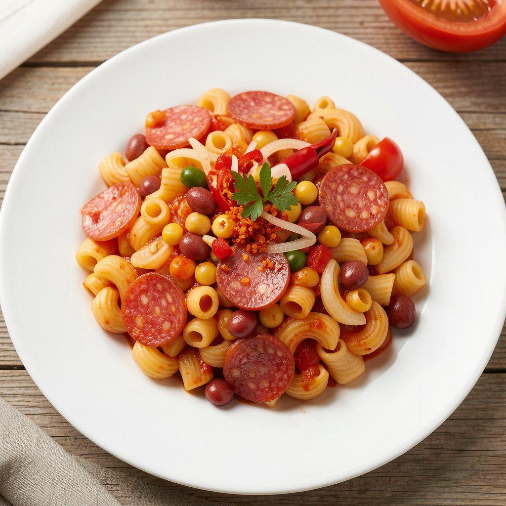Makaron z fasolą i salami