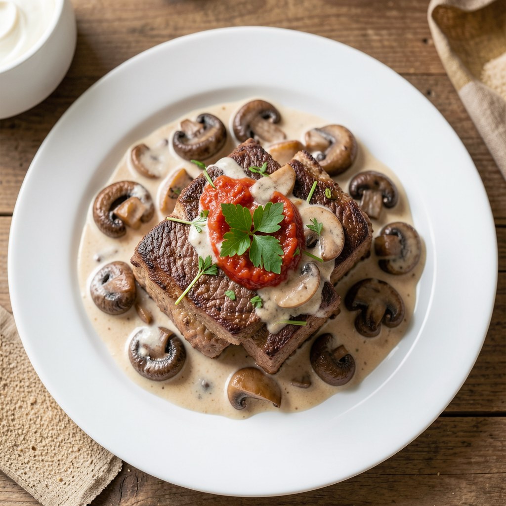 Boeuf Stroganow z pieczarkami