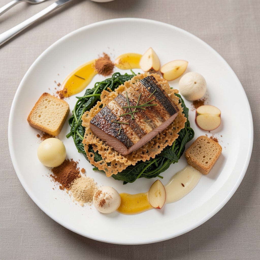 Filet z lina panierowany w pumperniklu i pierniku, podany z budyniem szpinakowym